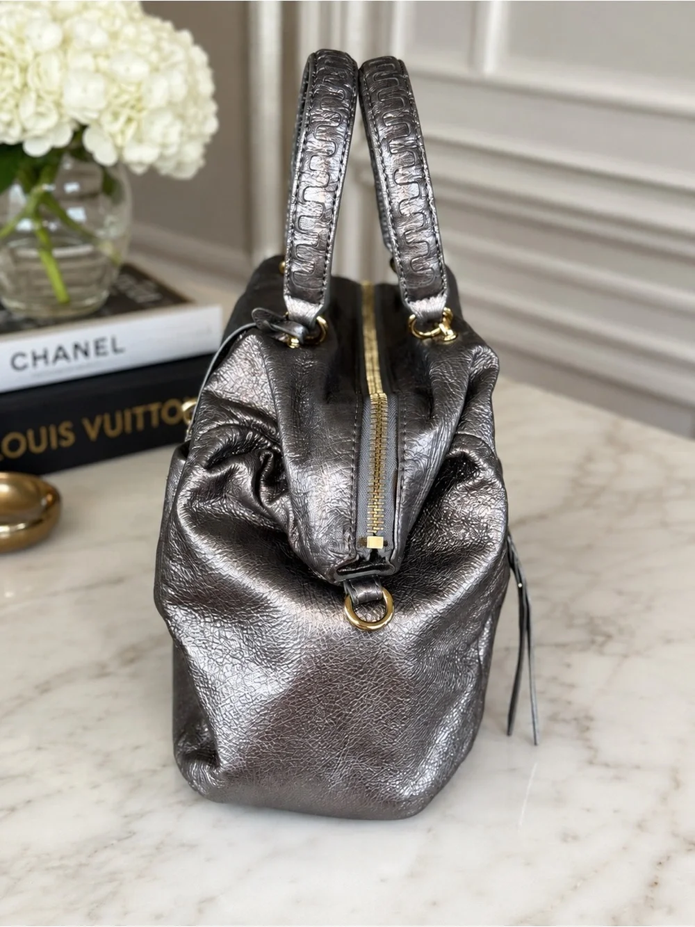 Henri Bendel Metallic Gunmetal Leather Satchel | Navy Satin Lining | Hangtag